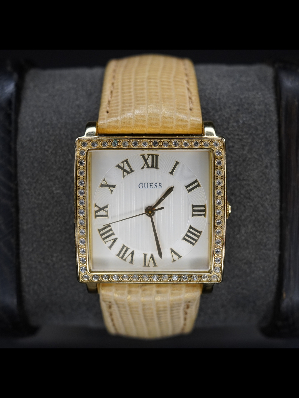 GUESS Women’s Gold-Tone Square Rhinestone Bezel Roman Numeral Quartz Beige Strap